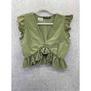 Fancyinn Women's Blouse Cropped V Neck Solid Green Pleated Hem Size Medium